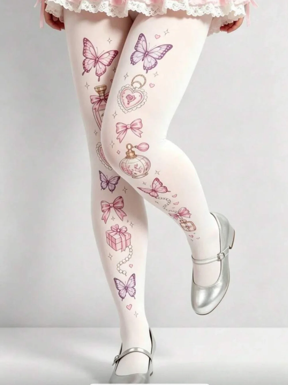 Cute White Floral & Butterfly Printed Tights for Women